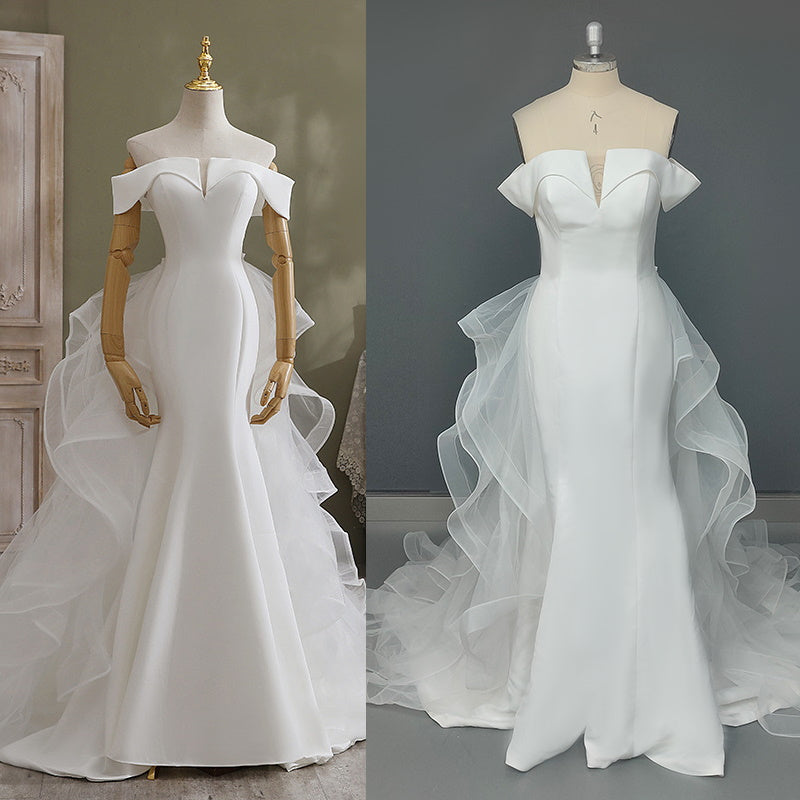Mermaid Tulle Ruffle Detachable Train  Wedding Dress Off-Shoulder Sweetheart Corset Back Wedding Bridal Gown