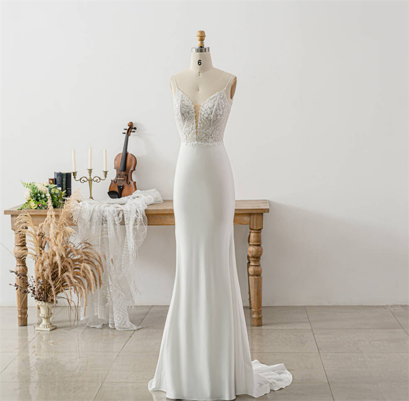 V-Neck Open Back Sweep Train Soft Satin Wedding Dress  Spaghetti Strap Sleeveless Sexy Wedding Dress  Bridal  Gown Custom Made