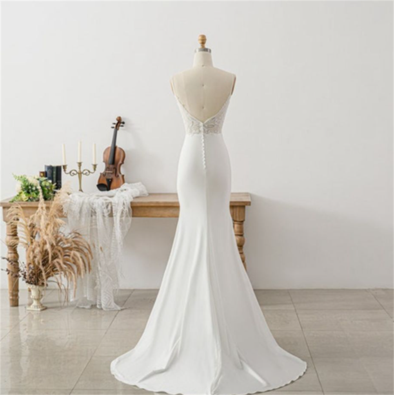 V-Neck Open Back Sweep Train Soft Satin Wedding Dress  Spaghetti Strap Sleeveless Sexy Wedding Dress  Bridal  Gown Custom Made