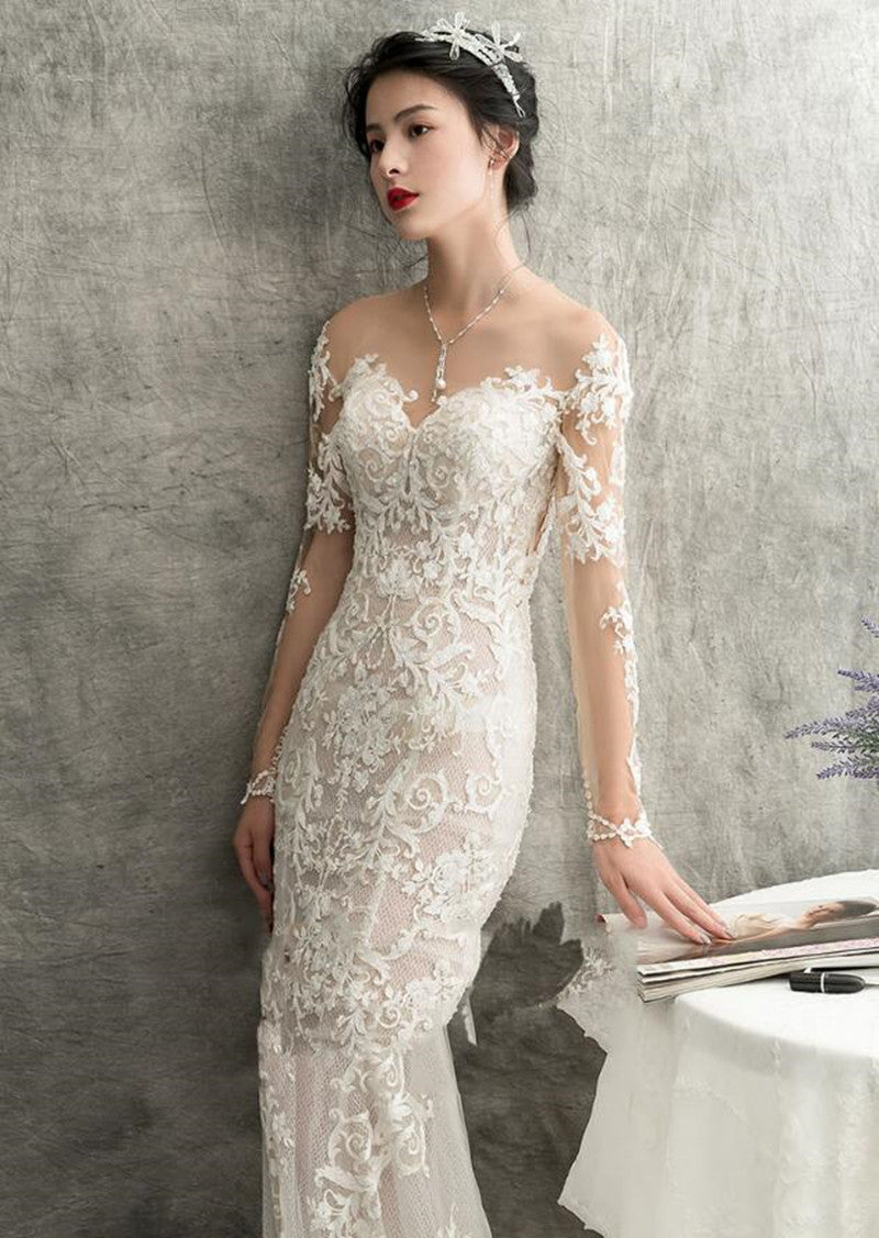 2023 Sweetheart Lace Vintage Illusion Small Train Wedding Gown Dress Bridal Mermaid Long Sleeve