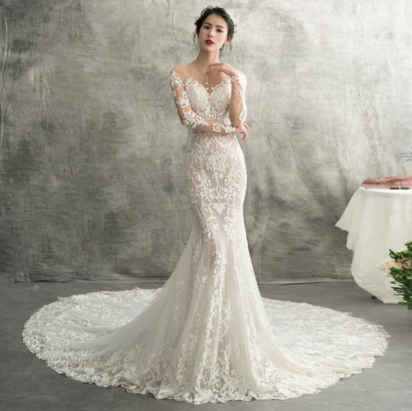 2023 Sweetheart Lace Vintage Illusion Small Train Wedding Gown Dress Bridal Mermaid Long Sleeve