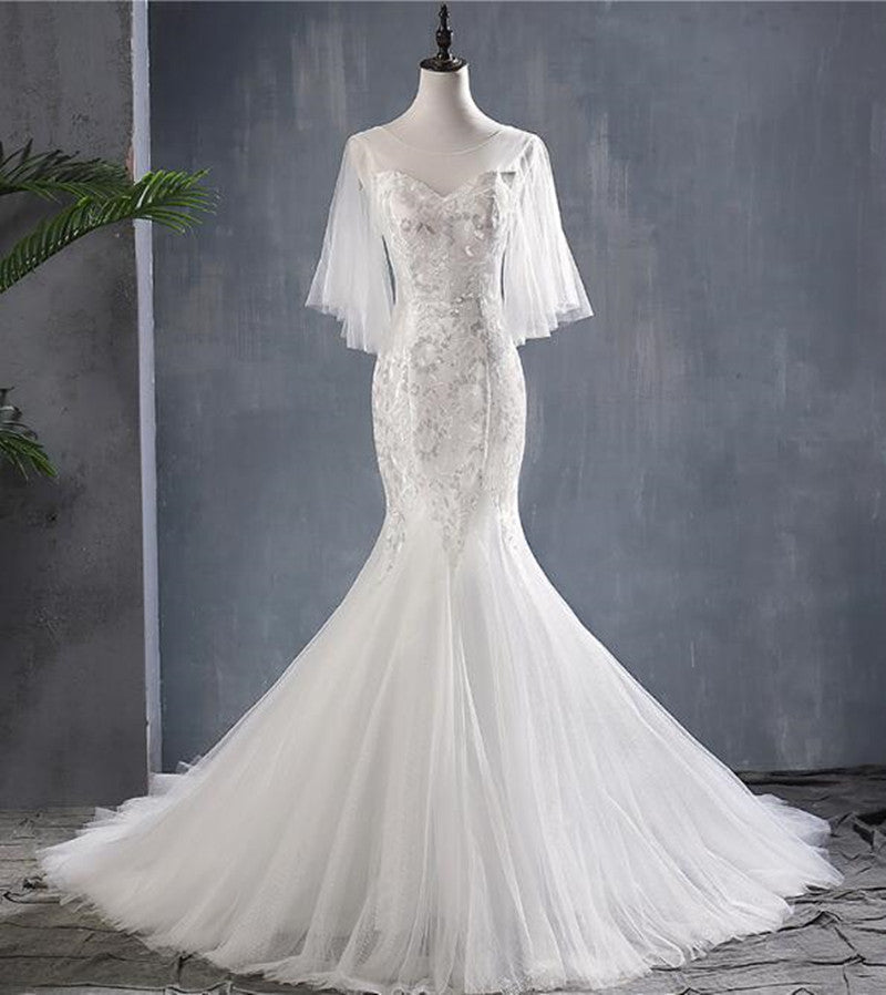 2023 Mermaid O-Neck Puff Sleeve Backless Lace Vintage Trumpet Wedding dresses Wedding Gown Dress Bridal 