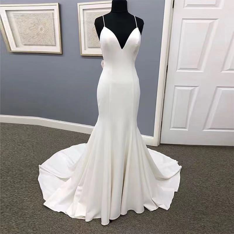 2023 Spaghetti Straps White Ivory Sleeveless Bridal Dress Bow Backless Mermaid Wedding Dresses 