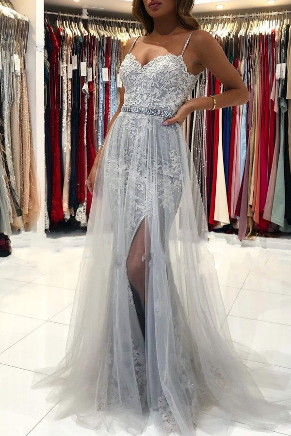 silve lace prom dresses