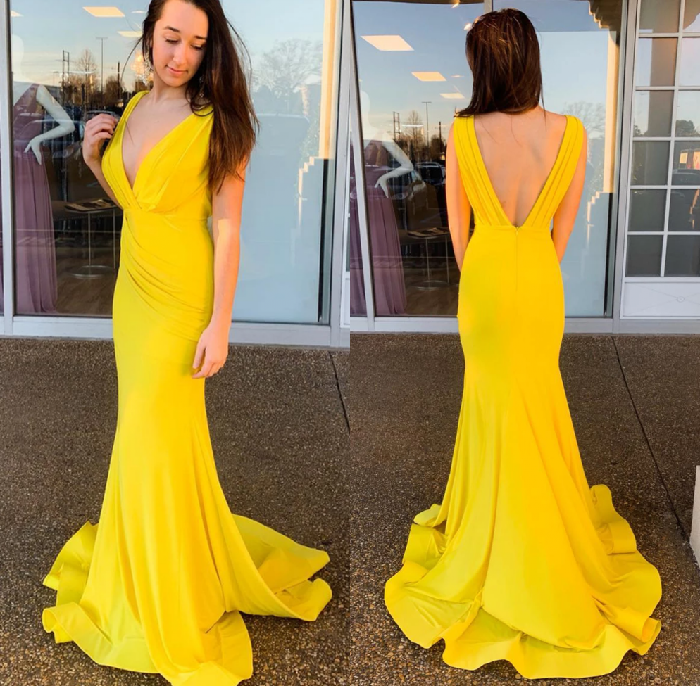 V-Neck Yellow Prom Dresses 